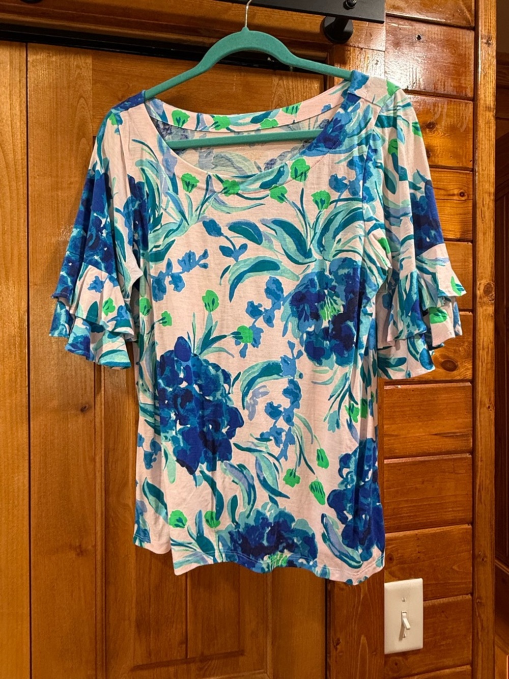 Lilly Pulitzer Blue & Green Floral Ruffle-Sleeve Top